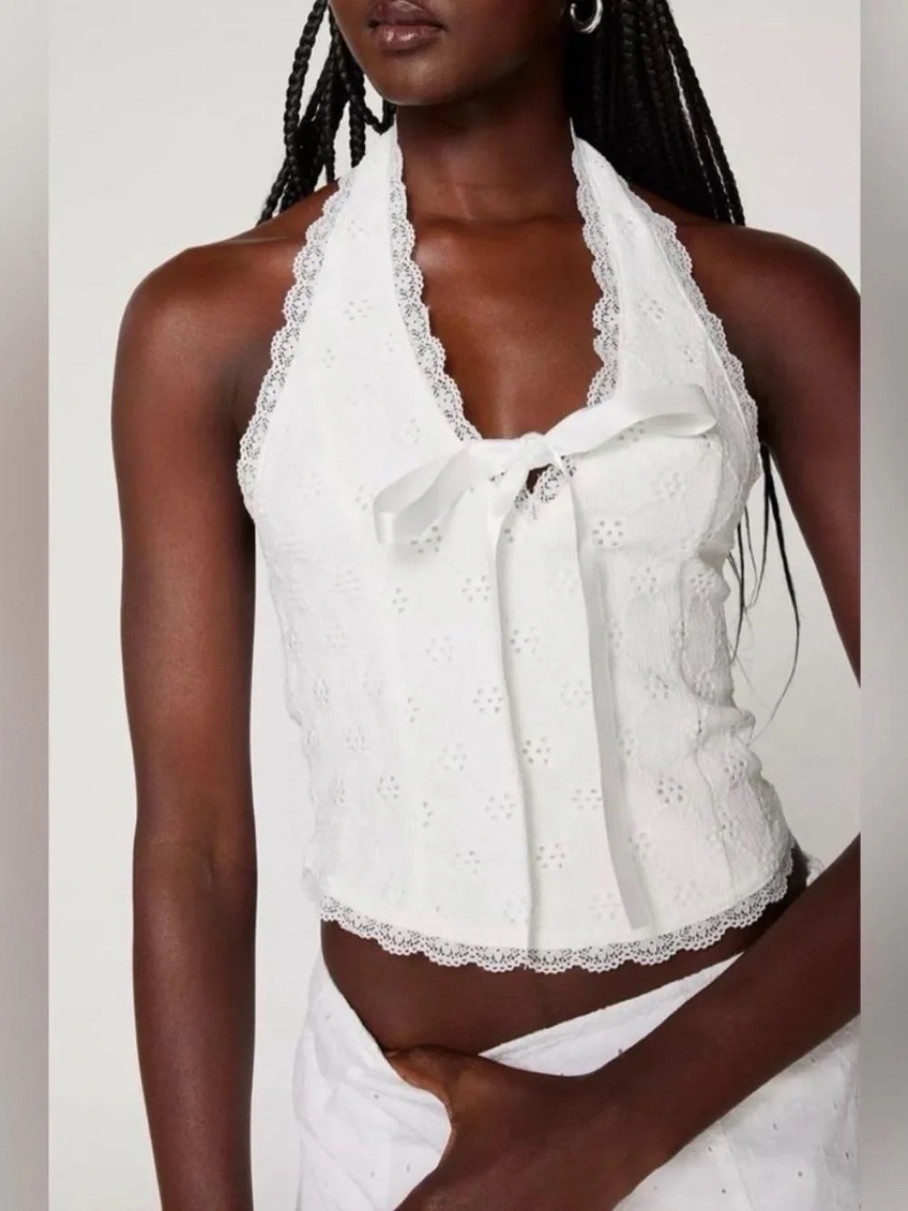 White Lace Halter Tie-Front Eyelet Top